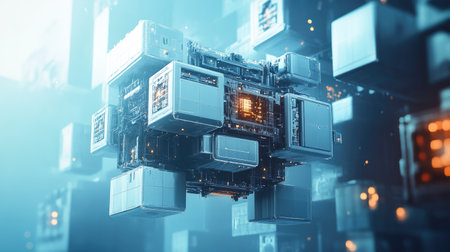 Abstract sci-fi construction with floating cubes forming a futuristic space station. 3D illustration.の素材