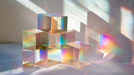 Artistic light dispersion through stacked dichroic glass cubes, creating a sparkling spectrum on textured white paper.の素材