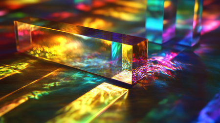Artistic view of light dispersion through glass prisms and dichroic stripes, creating several colorful spectra.の素材
