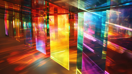 Artistic light scattering through glass prisms and dichroic stripes, creating multiple vivid color spectra.の素材