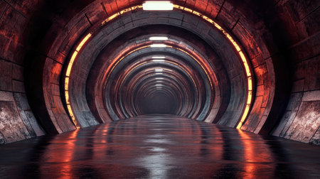 Brick textured tunnel corridor in a sci-fi hangar with stunning reflections. 3D illustration.の素材