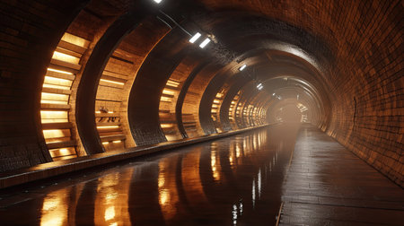 Brick textured hangar tunnel corridor with sci-fi elements and beautiful reflections. 3D illustration. -の素材