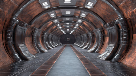 Brick textured hangar tunnel corridor with reflective walls. 3D render of a futuristic background.の素材