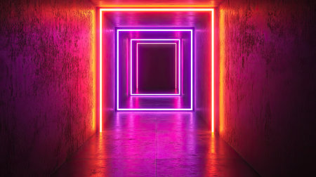 Bright neon lights forming an abstract rectangular object on a black backdrop.の素材