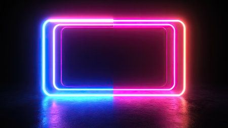 Bright neon lights forming an abstract rectangular object on a black backdrop.の素材