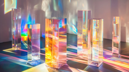 Artistic view of light scattering through various glass prisms and dichroic stripes, creating several vivid color spectra.の素材