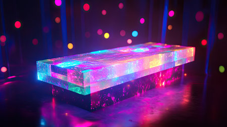 Bright neon-lit abstract rectangular object with multicolored lights on a dark background.の素材