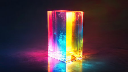 Brightly lit abstract rectangular object with a spectrum of colors on a dark background.の素材