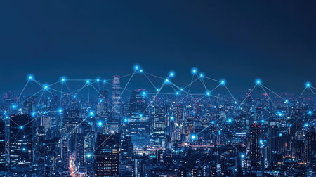 City skyline with abstract digital connections representing the flow of big data and cyber security.の素材