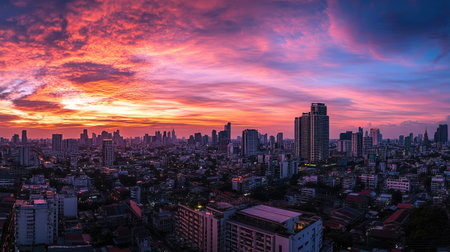 Rooftop view of Bangkok cityscape at sunset, highlighting the Lumpini area and colorful evening sky.の素材
