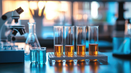 Empty science laboratory test tubes on a sterile bench, surrounded by chemical equipment. Ideal for research purposes.の素材