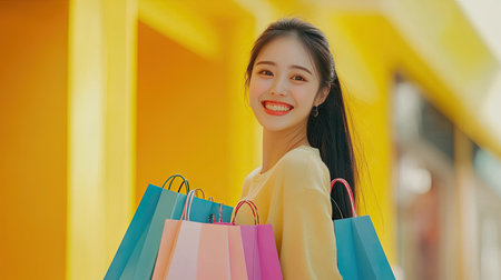 Joyful Asian woman with colorful shopping bags, smiling in a shopping mall center, with a bright yellow background.の素材