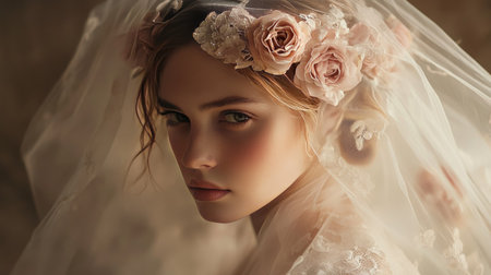 A bride wearing a delicate rose hairpiece, with soft curls and a wedding veil in a romantic setting.の素材