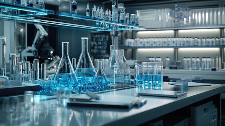 High-tech lab with chemical tubes and pharmaceutical equipment. Perfect for showcasing biochemistry research.の素材