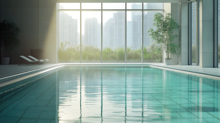 Tranquil indoor swimming pool with natural light streaming in, city buildings visible in the background.の素材