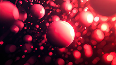Abstract 3D illustration with red light circles, geometric bubbles, and red-black gradation lines, perfect for eye-catching wallpaper designs.の素材
