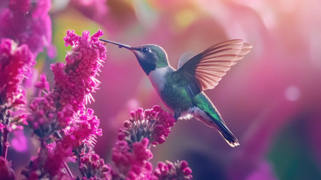 Hummingbird feeding on vibrant flowers, detailed close-up capturing its beauty in Chile.の素材