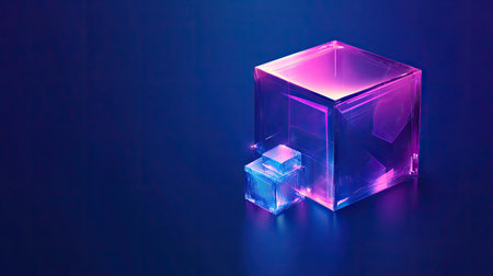 Abstract 3D holographic cube with crystal blocks and purple color texture, isolated on a blue backdrop for a sleek and modern vector design.の素材