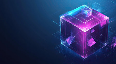 3D holographic abstract cube with crystal blocks and a purple color texture, isolated on a blue background for a futuristic vector illustration.の素材