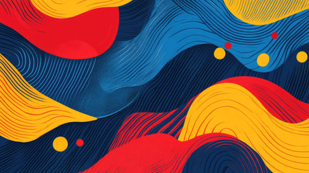 Abstract design with a blue background and red-yellow wave motifs, ideal for creating lively and modern visual elements.の素材