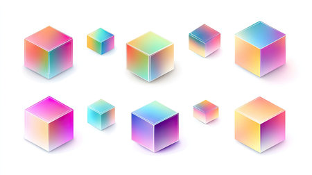 Collection of geometric 3D cubes with holographic gradient color effects, isolated on white, offering a sleek and realistic vector design.の素材