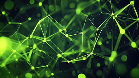 Abstract triangular cells and polygonal design in bright green, set against a dark background for a striking and modern digital illustration.の素材