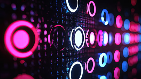 Glowing circles on black background, perfect for creating eye-catching advertisements, signs, and business content. -の素材