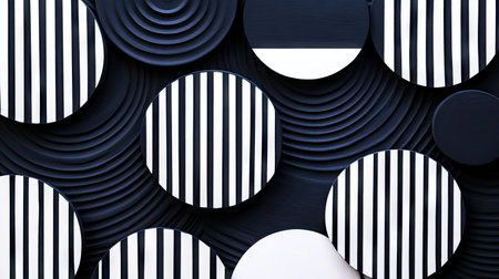 Geometric circle textures combined with black and white stripe lines, perfect for contemporary and stylish abstract backgrounds.の素材