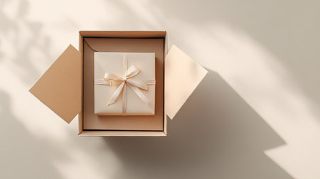 Mailer box with an open surprise gift package, featuring a light color background. Perfect for highlighting elegant packaging and gift ideas.の素材