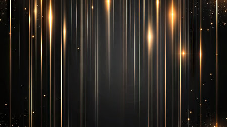 Vertical gold lighting lines on dark background with sparkle effects, creating a luxurious feel with space for text.の素材