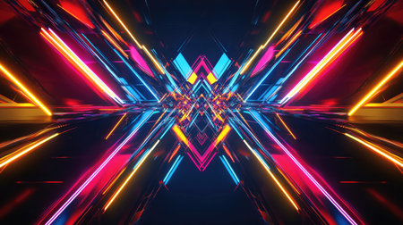 Vibrant dark background with neon lines and geometric shapes, capturing the movement of multi-color lights and symmetrical 3D reflections.の素材