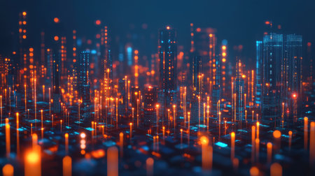 Abstract 3D city with illuminated data connections illustrating big data and cyber security concepts.の素材