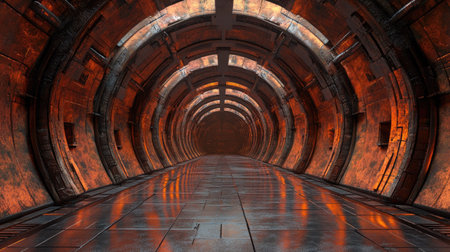 Brick textured hangar tunnel corridor with reflective walls. 3D render of a sci-fi fantasy background.の素材