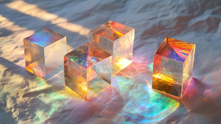 Artistic dispersion of light through stacked dichroic glass cubes, casting vibrant spectra on textured white paper.の素材