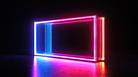 Abstract rectangular object with neon multicolored illumination on a black background.の素材