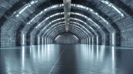 Brick textured hangar tunnel corridor with reflective surfaces. 3D render of a futuristic background.の素材