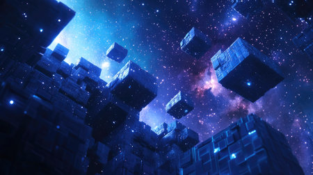 Abstract sci-fi construction with cubes forming a space station, floating among stars.の素材
