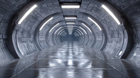 Brick textured hangar tunnel corridor with reflective walls. 3D render of a futuristic background.の素材