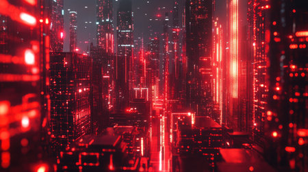 Dark, red-lit cityscape with a cyberpunk technology theme. 3D rendering showcasing neon lights and high-tech urban elements.の素材