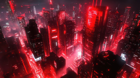 Dark cyberpunk city illuminated by red neon lights. 3D illustration with a technology-driven background and vibrant urban design.の素材
