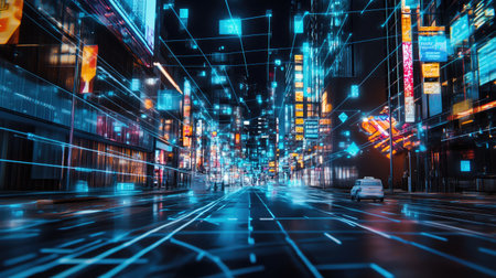 Digital street scene in a metaverse city with blockchain technology integrated into the infrastructure.の素材