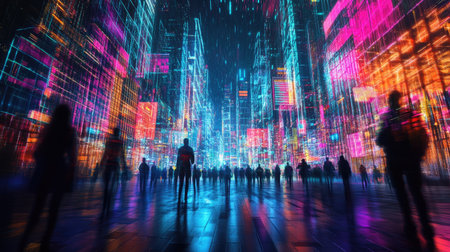 Digital street scene in a futuristic metaverse city with blockchain technology and neon lights.の素材