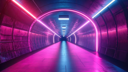 Endless reflective textured tunnel with neon lights, creating a futuristic atmosphere.の素材