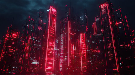 Dark cyberpunk city illuminated by red neon lights and technology. 3D illustration with glowing elements and a high-tech atmosphere.の素材