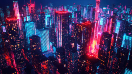 Futuristic 3D cityscape at night with neon glow and vivid colors. Illustration featuring skyscrapers and modern downtown architecture.の素材