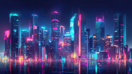 Futuristic city skyline with neon-infused skyscrapers and dynamic digital signage. Digital illustration.の素材