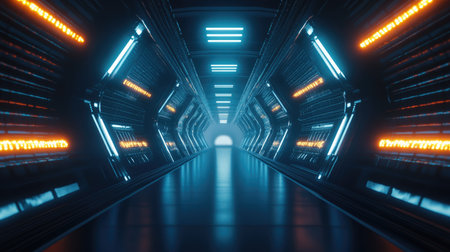 Futuristic endless tunnel with reflective textures and bright glowing lights.の素材