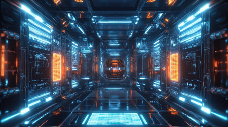 Futuristic cubic space station with a glowing sci-fi design.の素材