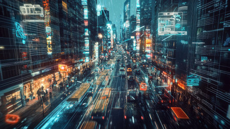 Futuristic metaverse cityscape with a busy street, blockchain technology, and holographic displays.の素材