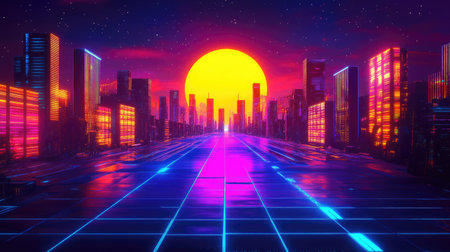 Futuristic night city with glowing neon lights and a colorful background. Wide city view with a cyberpunk and retro wave aesthetic.の素材